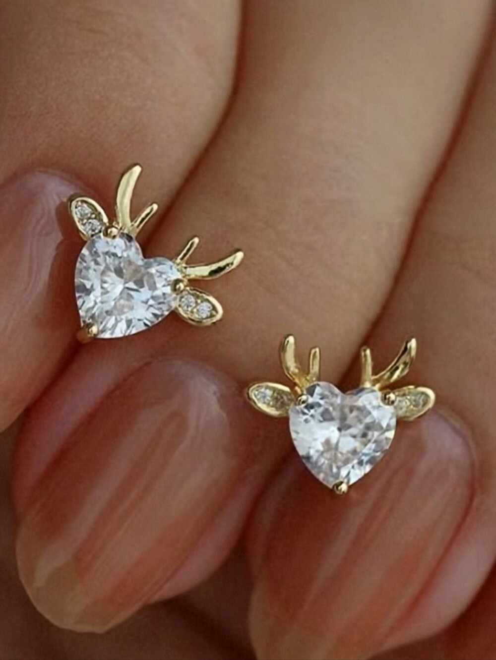 NWT* Gold, Stoned, Deer Antler, Heart, Stone, Danty Studs Earrings *NEW